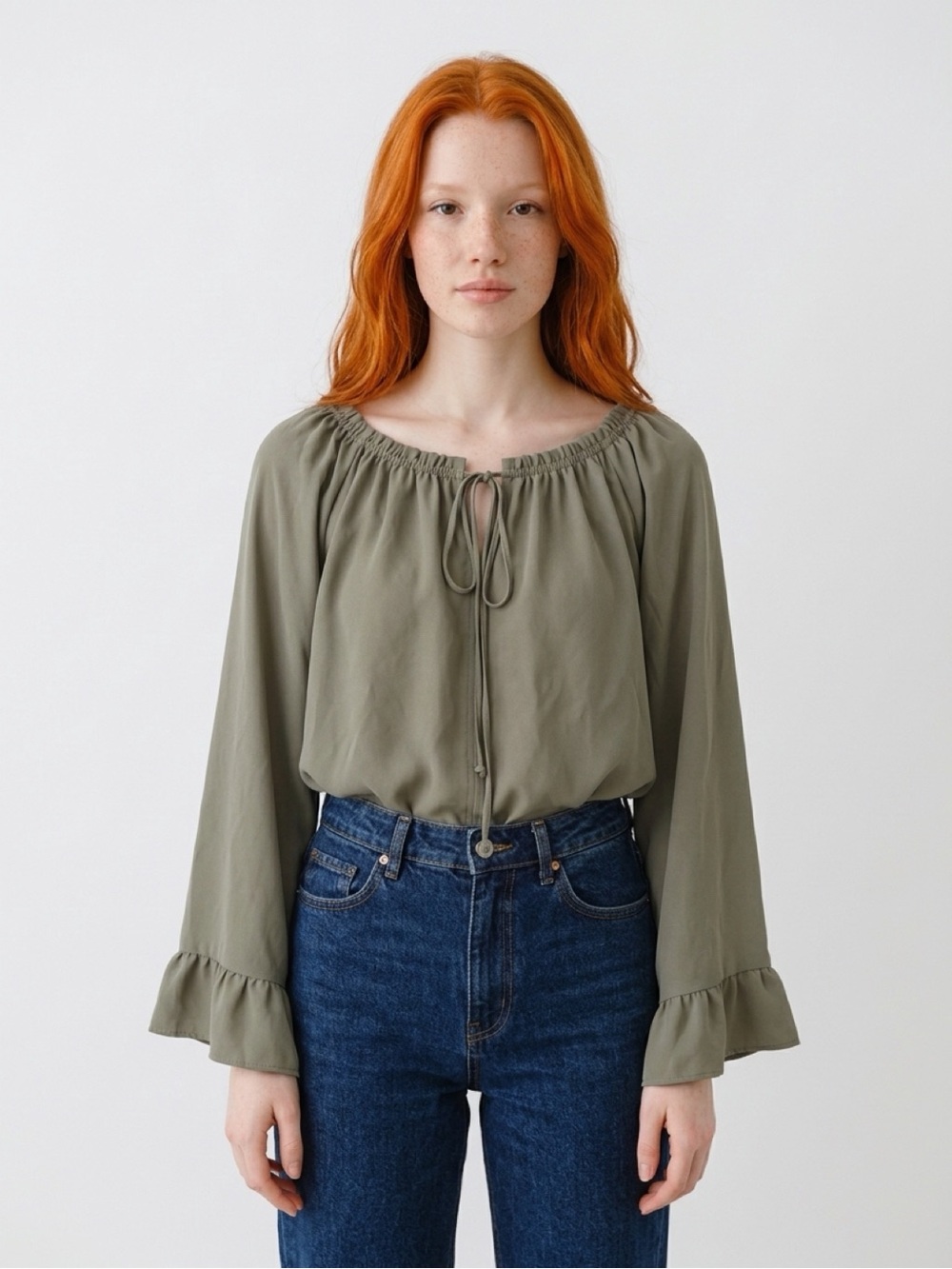 VICI Olive Green Peasant Blouse Medium Tie Neck Ruffle Bell Sleeve Made USA